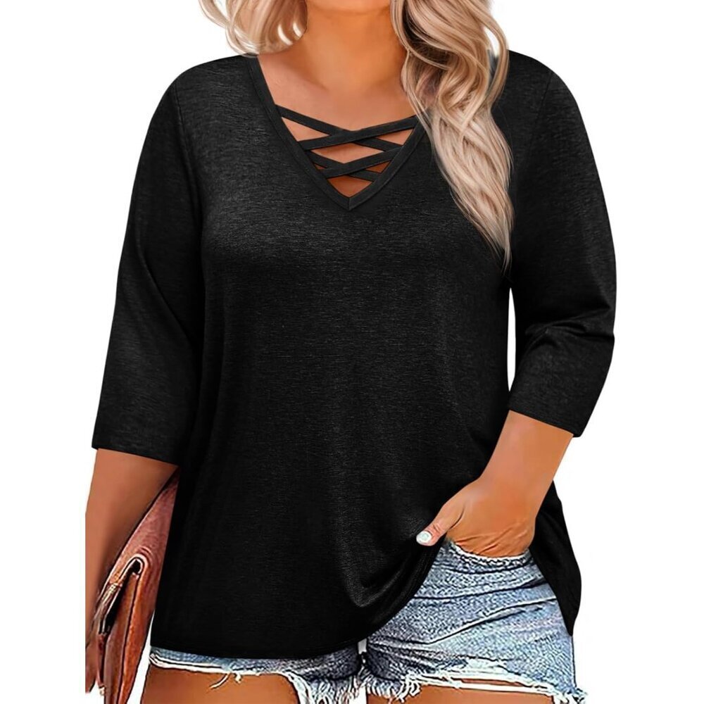 Plus Size Women's V Neck Top 3/4 Sleeve Casual Lightweight Tunic Clothing